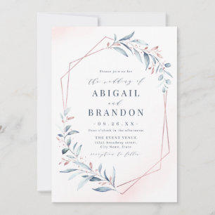 Roos Gold Dusty Blue Greenery Geometric Wedding Kaart