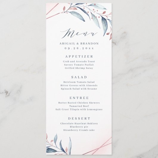 Roos Gold Dusty Blue Greenery Geometric Wedding Menu (Voorkant)