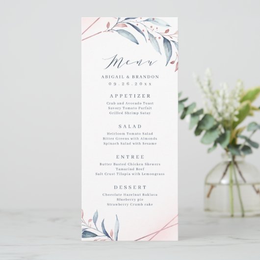 Roos Gold Dusty Blue Greenery Geometric Wedding Menu (Staand voorkant)