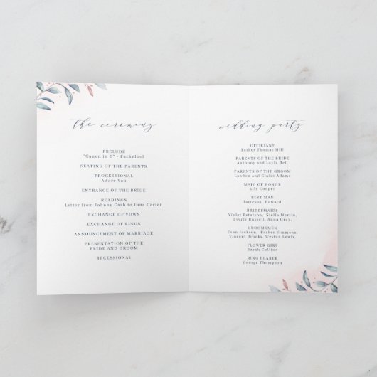 Roos Gold Dusty Blue Greenery Geometric Wedding Programma (Binnen)