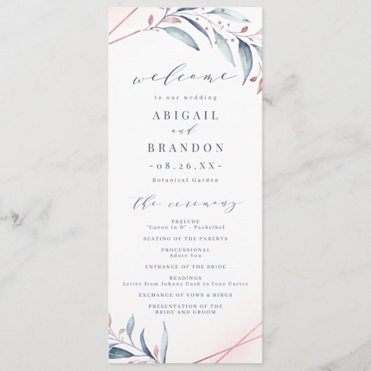Roos Gold Dusty Blue Greenery Geometric Wedding Programmakaart (Voorkant)