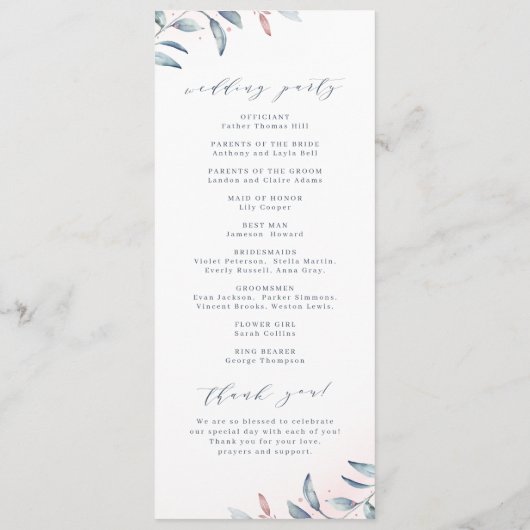 Roos Gold Dusty Blue Greenery Geometric Wedding Programmakaart (Achterkant)