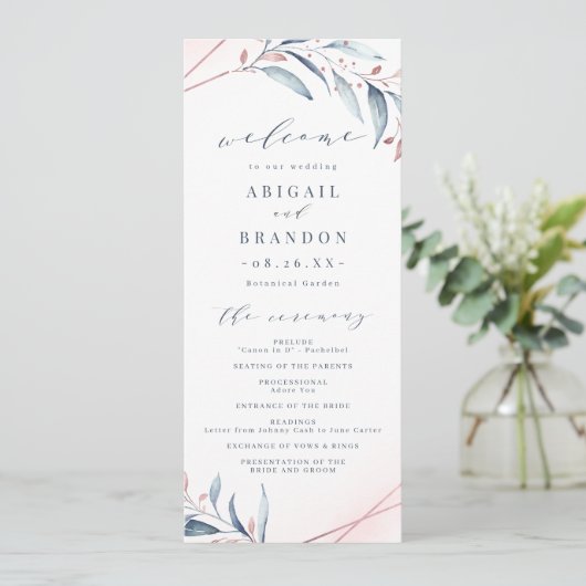 Roos Gold Dusty Blue Greenery Geometric Wedding Programmakaart (Staand voorkant)