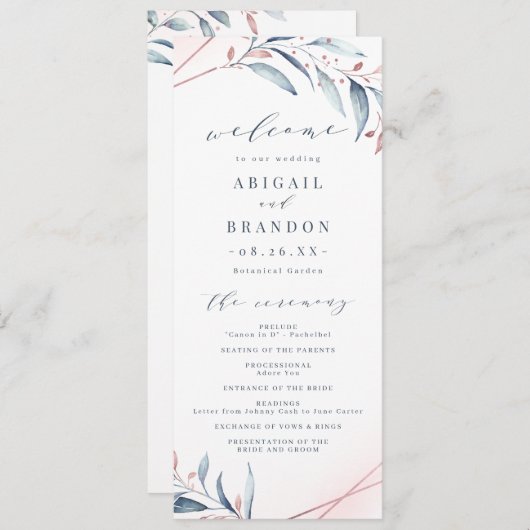 Roos Gold Dusty Blue Greenery Geometric Wedding Programmakaart (Voorkant / Achterkant)