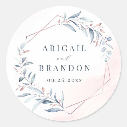 Roos Gold Dusty Blue Greenery Geometric Wedding Ronde Sticker (Voorkant)
