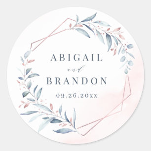 Roos Gold Dusty Blue Greenery Geometric Wedding Ronde Sticker