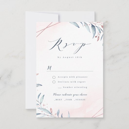 Roos Gold Dusty Blue Greenery Geometric Wedding RSVP Kaartje (Voorkant)