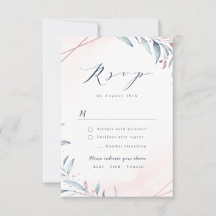 Roos Gold Dusty Blue Greenery Geometric Wedding RSVP Kaartje