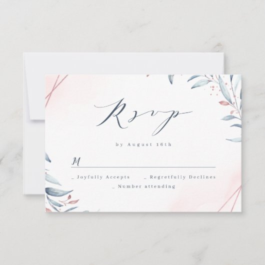 Roos Gold Dusty Blue Greenery Geometric Wedding RSVP Kaartje (Voorkant)