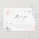Roos Gold Dusty Blue Greenery Geometric Wedding RSVP Kaartje (Voorkant / Achterkant)