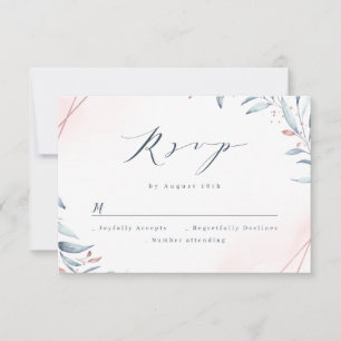 Roos Gold Dusty Blue Greenery Geometric Wedding RSVP Kaartje
