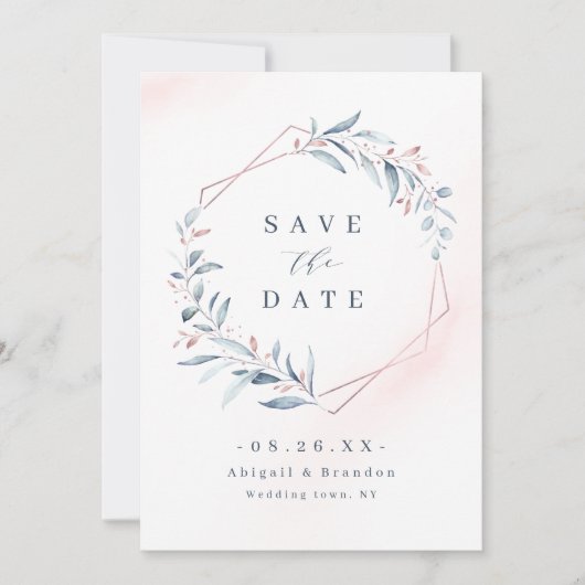Roos Gold Dusty Blue Greenery Geometric Wedding Sa Save The Date (Voorkant)