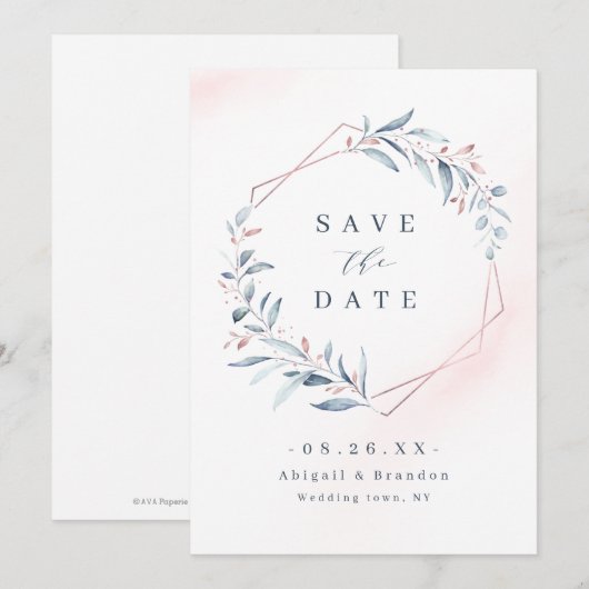 Roos Gold Dusty Blue Greenery Geometric Wedding Sa Save The Date (Voorkant / Achterkant)