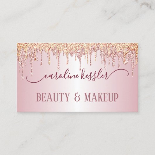 Roos Gold Dusty Blush Roze Glitter Sparkles Drip Visitekaartje (Voorkant)