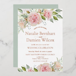 Roos Gold Dusty Green Floral Wedding Folie Uitnodiging