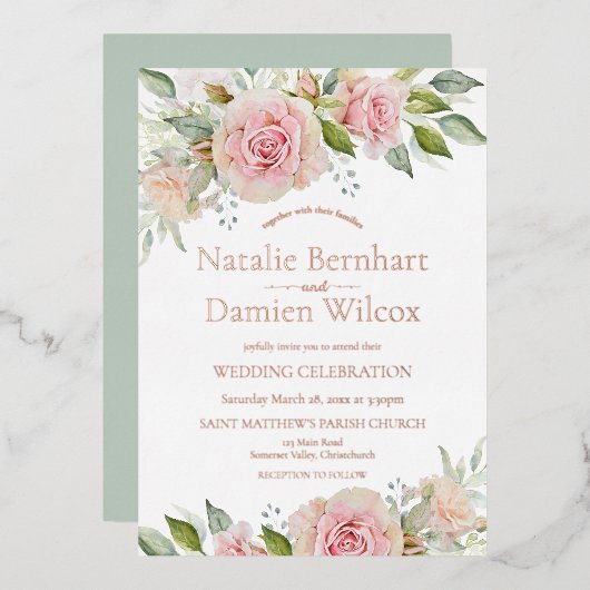 Roos Gold Dusty Green Floral Wedding Folie Uitnodiging (Voorkant / Achterkant)