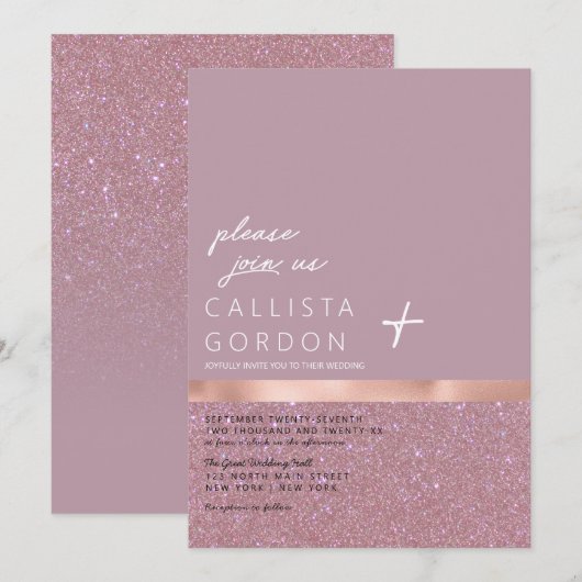 Roos Gold Dusty Mauve Glitter Color Block Wedding Kaart (Voorkant / Achterkant)