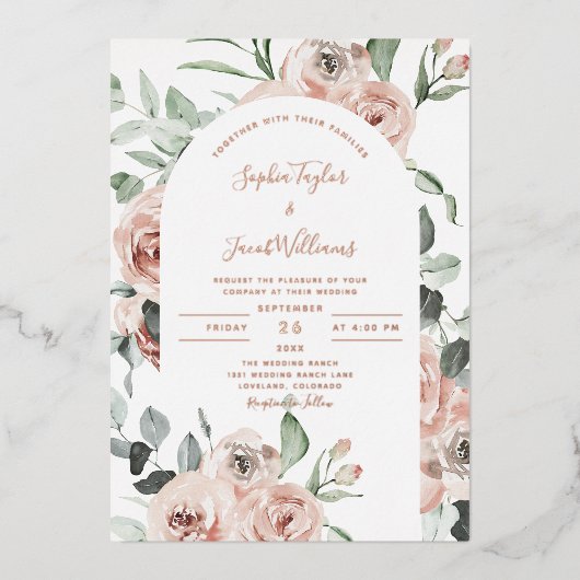 Roos Gold Dusty Pink Floral Eucalyptus Weddenschap Folie Uitnodiging (Voorkant)