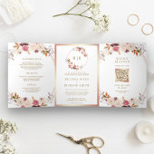 Roos Gold Dusty Pink Floral QR Code Weddenschap Drieluik Uitnodiging