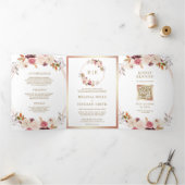 Roos Gold Dusty Pink Floral QR Code Weddenschap Drieluik Uitnodiging (Binnen)