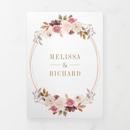 Roos Gold Dusty Pink Floral QR Code Weddenschap Drieluik Uitnodiging (Cover)