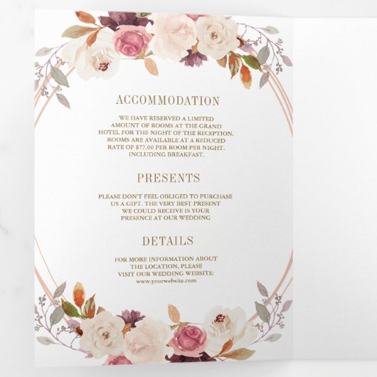 Roos Gold Dusty Pink Floral QR Code Weddenschap Drieluik Uitnodiging (Binnenzijde eerst)