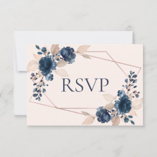 Roos Gold Dusty Pink Navy Flora Wedding RSVP Kaartje