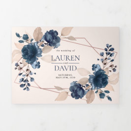 Roos Gold Dusty Pink Navy Floral Drieluik Uitnodiging