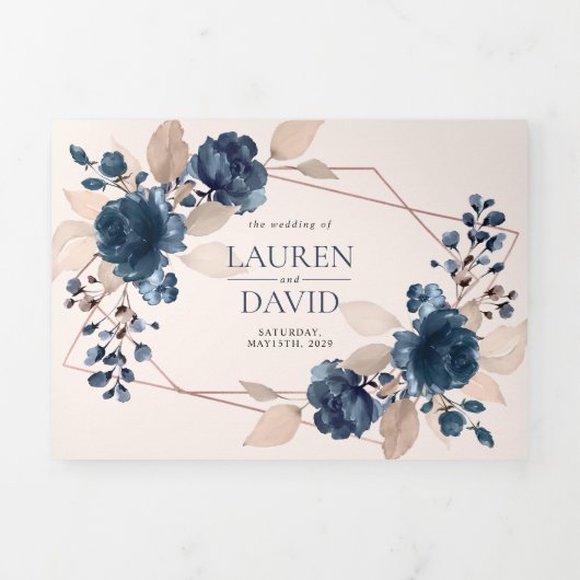 Roos Gold Dusty Pink Navy Floral Drieluik Uitnodiging (Cover)