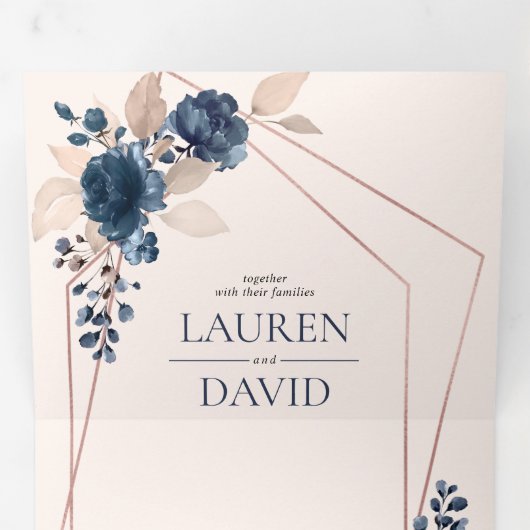 Roos Gold Dusty Pink Navy Floral Drieluik Uitnodiging (Binnenzijde eerst)