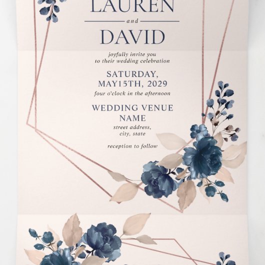 Roos Gold Dusty Pink Navy Floral Drieluik Uitnodiging (Binnenkant midden)