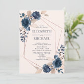 Roos Gold Dusty Pink Navy Floral Geometric Foto Kaart (Staand voorkant)