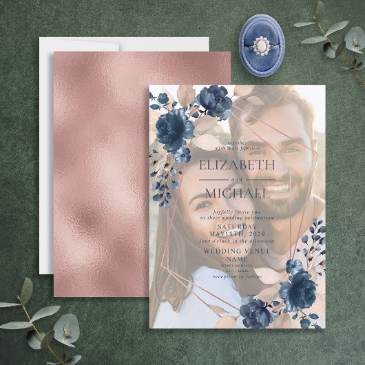 Roos Gold Dusty Pink Navy Floral Geometric Foto Kaart