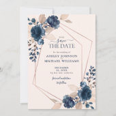 Roos Gold Dusty Pink Navy Floral Save the Date (Voorkant)