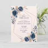Roos Gold Dusty Pink Navy Floral Save the Date (Staand voorkant)