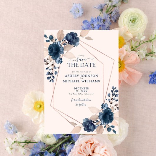 Roos Gold Dusty Pink Navy Floral Save the Date