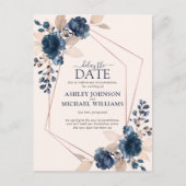 Roos Gold Dusty Pink Navy Floral Vertraging Datum Aankondigingskaart (Voorkant)