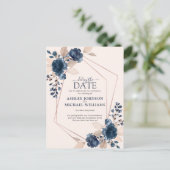 Roos Gold Dusty Pink Navy Floral Vertraging Datum Aankondigingskaart (Staand voorkant)