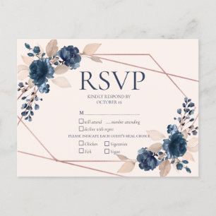 Roos Gold Dusty Pink Navy Floral Wedding RSVP Uitnodiging Briefkaart