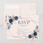 Roos Gold Dusty Pink Navy Floral Wedding RSVP Uitnodiging Briefkaart (Voorkant / Achterkant)