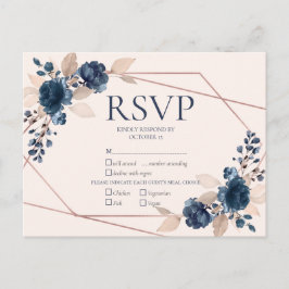 Roos Gold Dusty Pink Navy Floral Wedding RSVP Uitnodiging Briefkaart