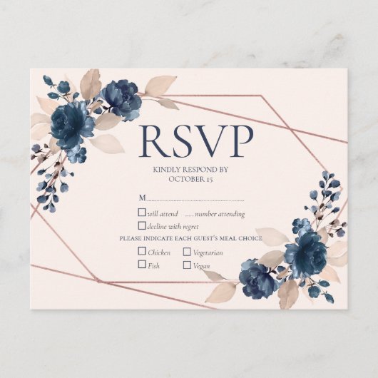 Roos Gold Dusty Pink Navy Floral Wedding RSVP Uitnodiging Briefkaart (Voorkant)