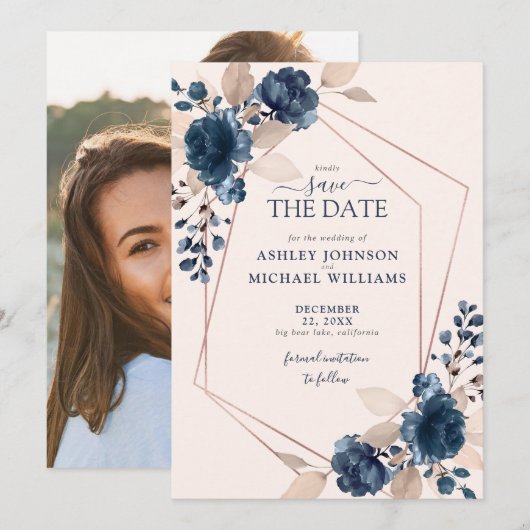 Roos Gold Dusty Pink Navy Foto slaat de datum op Save The Date (Voorkant / Achterkant)