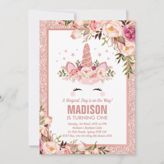 Roos Gold Eenhoorn / Magisch Verjaardagsfeest Kaart (Voorkant)