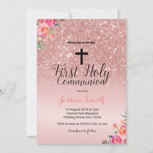 Roos Gold eerste communie uitnodiging (Voorkant)