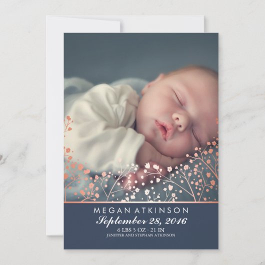 Roos Gold Effect Baby's Breath Baby Foto Geboorte Aankondiging (Voorkant)