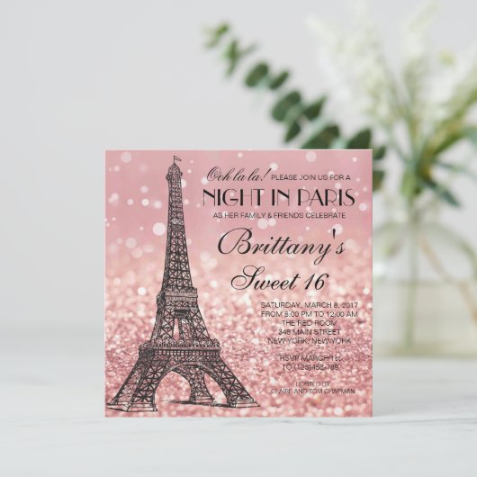 Roos Gold Eiffeltoren Paris Sweet 16 Uitnodiging (Staand voorkant)