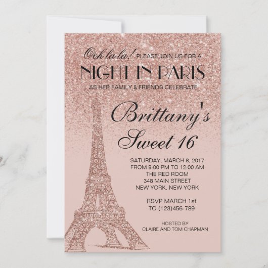 Roos Gold Eiffeltoren Paris Sweet 16 Uitnodiging (Voorkant)