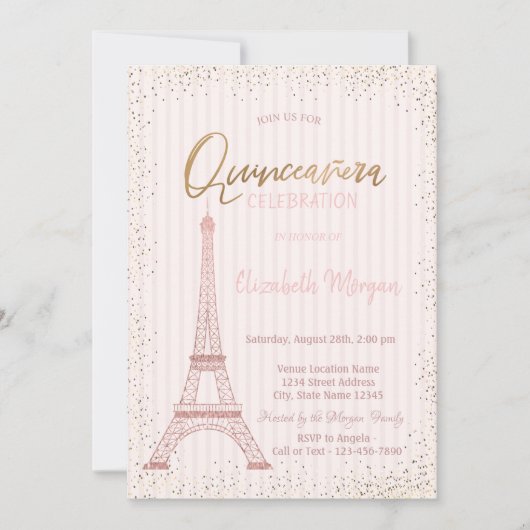 Roos Gold Eiffeltower Confetti Stripe Quinceanera Kaart (Voorkant)