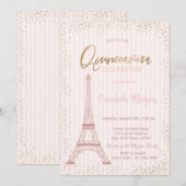Roos Gold Eiffeltower Confetti Stripe Quinceanera Kaart (Voorkant / Achterkant)